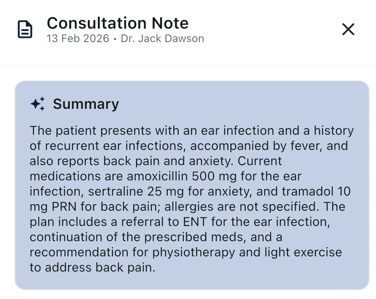 AI-generated consultation note with clinical summary