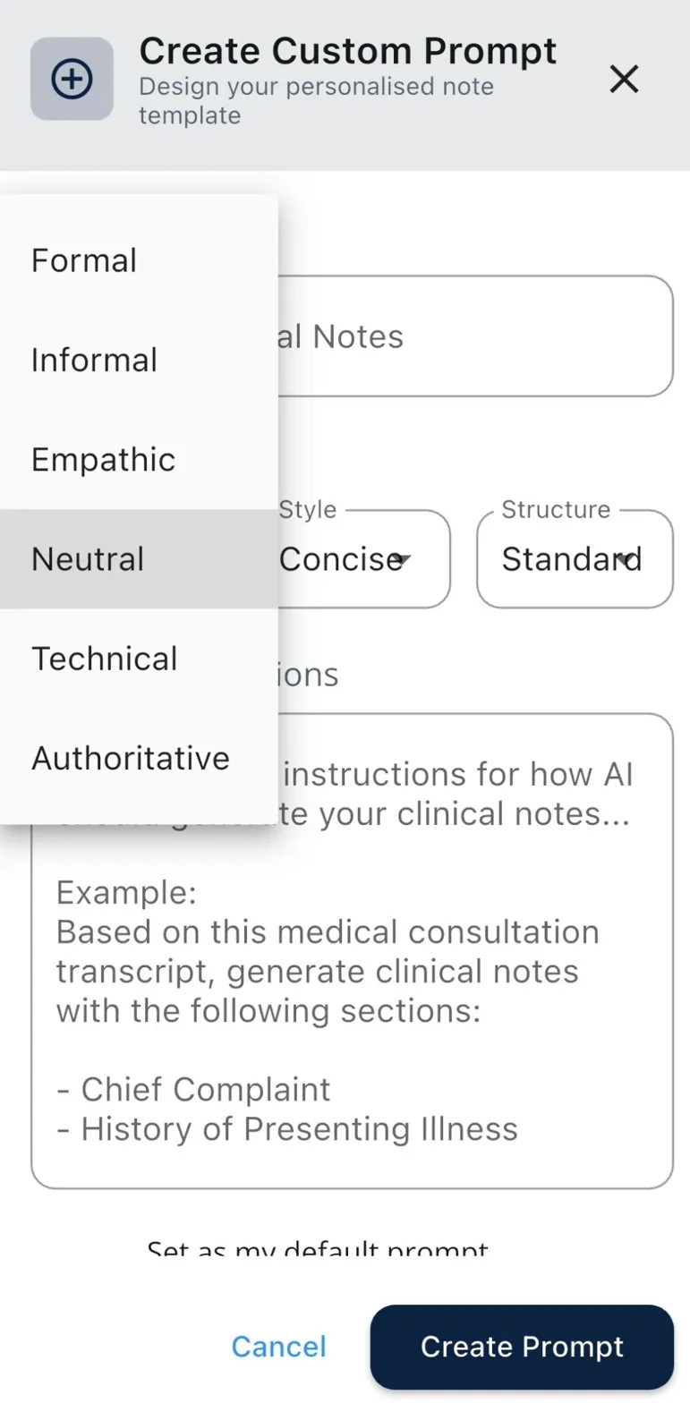 Interface to create a custom AI prompt with configurable tone, style, and structure options