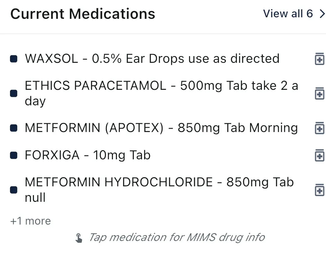 Current medications list synced from the practice management system showing active prescriptions