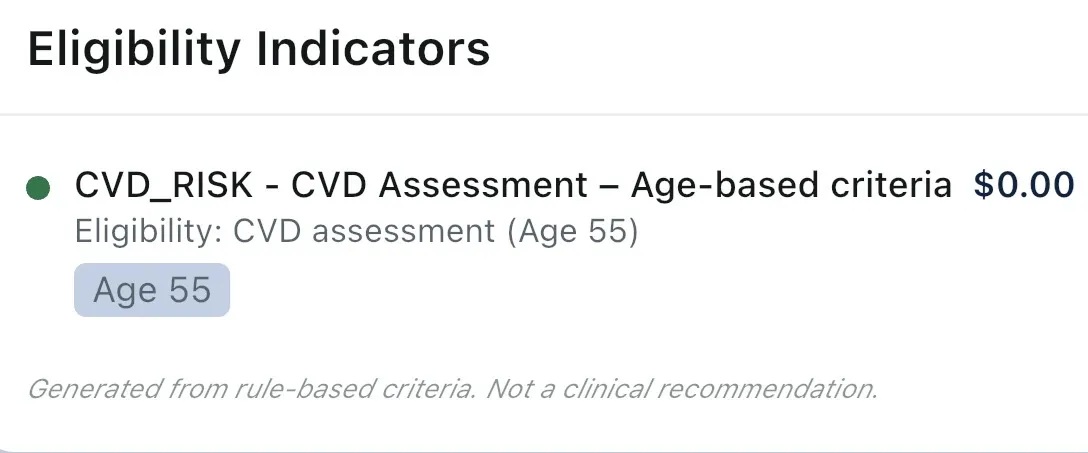 Eligibility indicators showing billing code suggestions