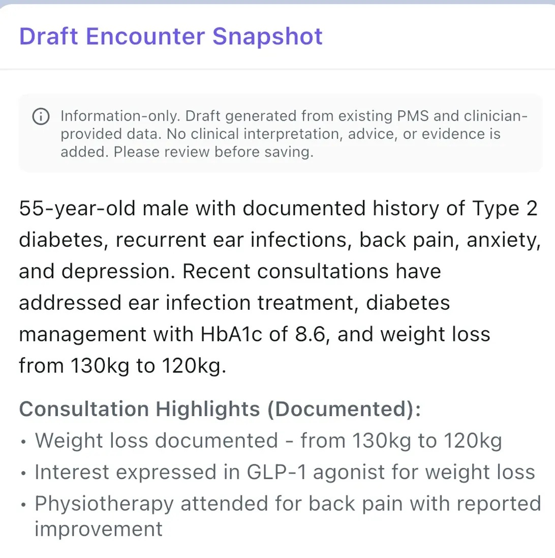 Draft Encounter Snapshot showing patient context from PMS