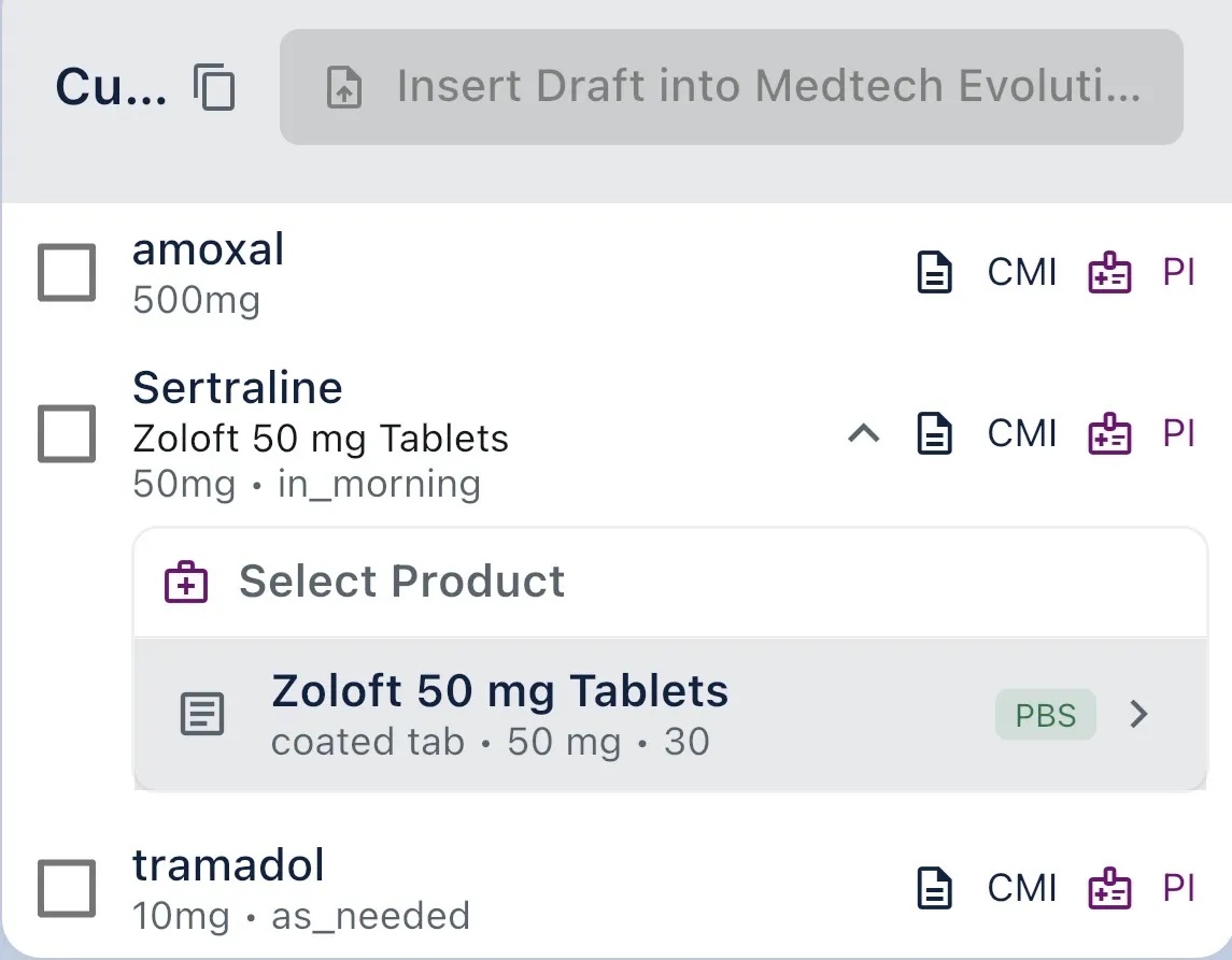 Full MIMS product information view accessible within the consultation workflow showing indications, dosage, and interaction data