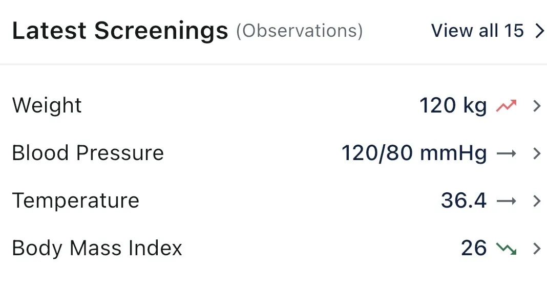 Screenings view with trend arrows showing patient observations and vitals synced from PMS via FHIR R4