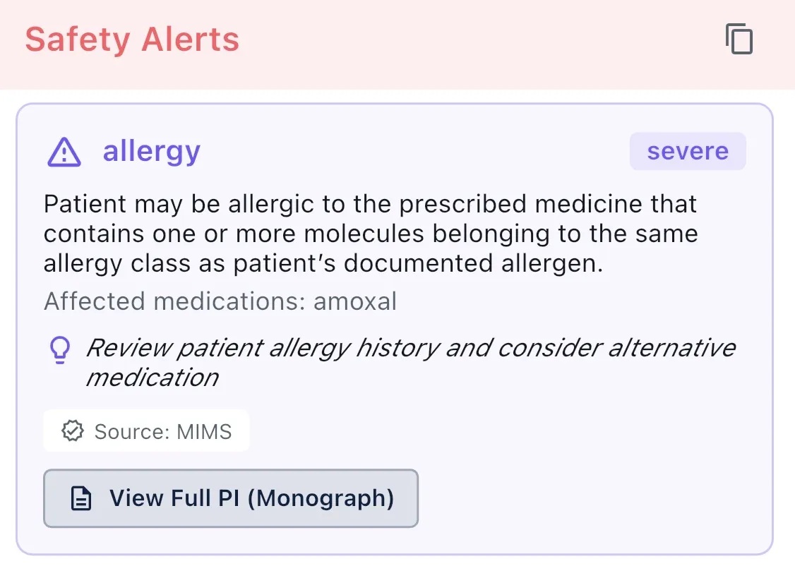 Safety alert showing allergy cross-reference with MIMS source
